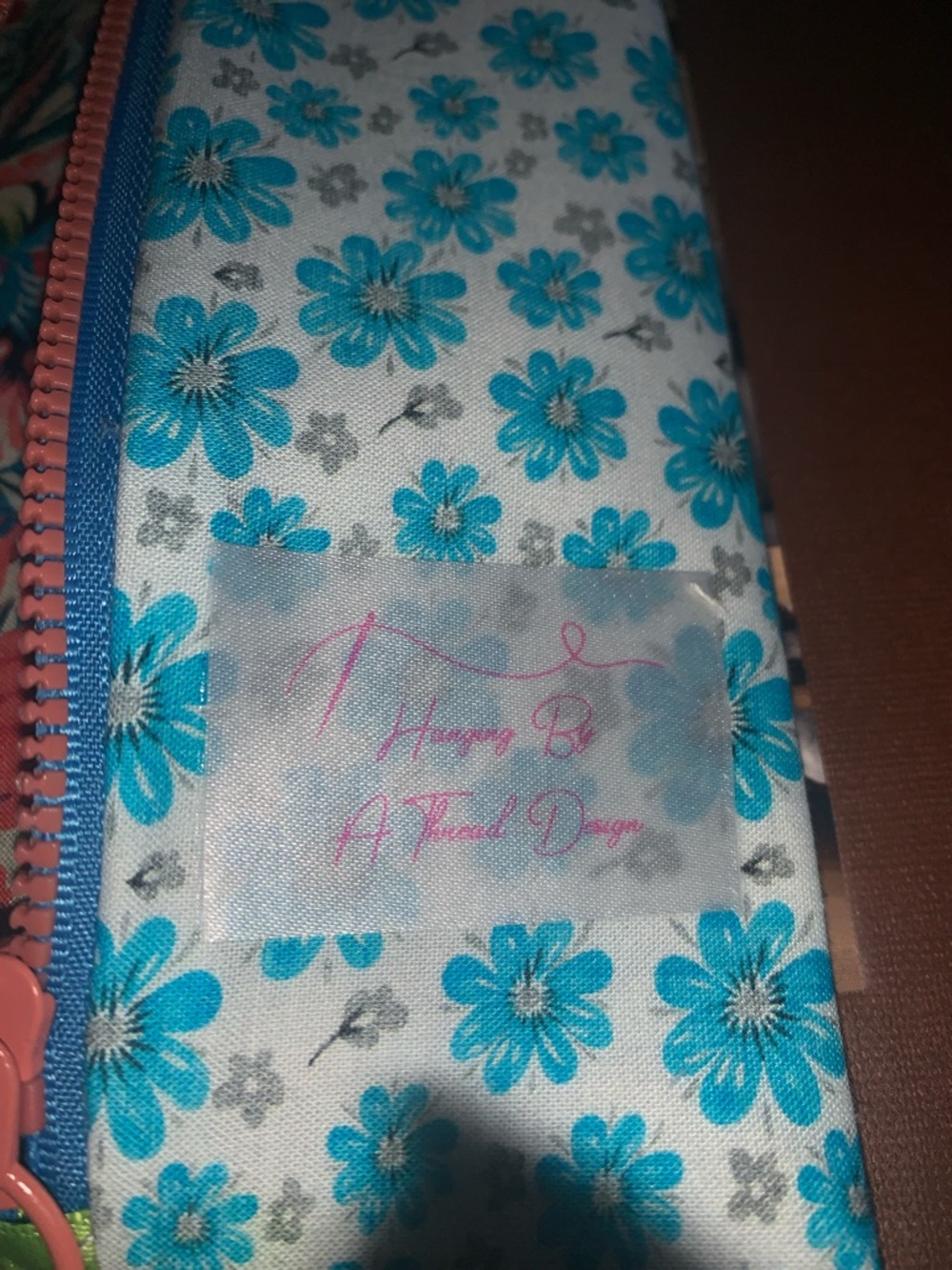 Floral Blue Cotton Pencil Case with Coral Zipper - Picture 8 of 8